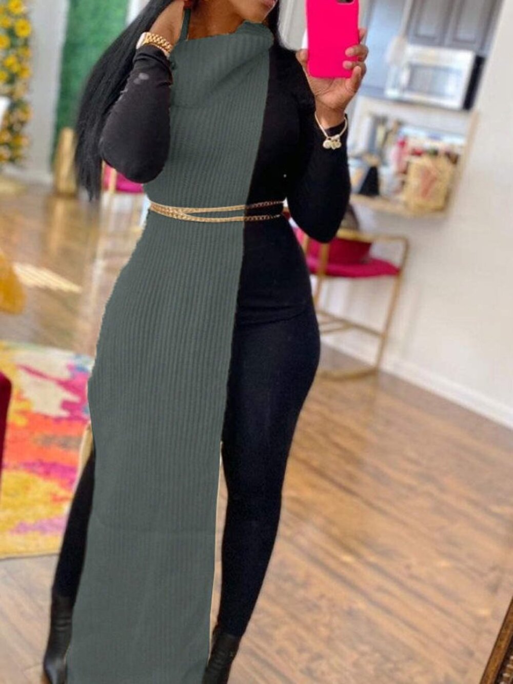 Solid Slit Turtleneck Sleeveless Dress (Without Waist Chain) - Gray